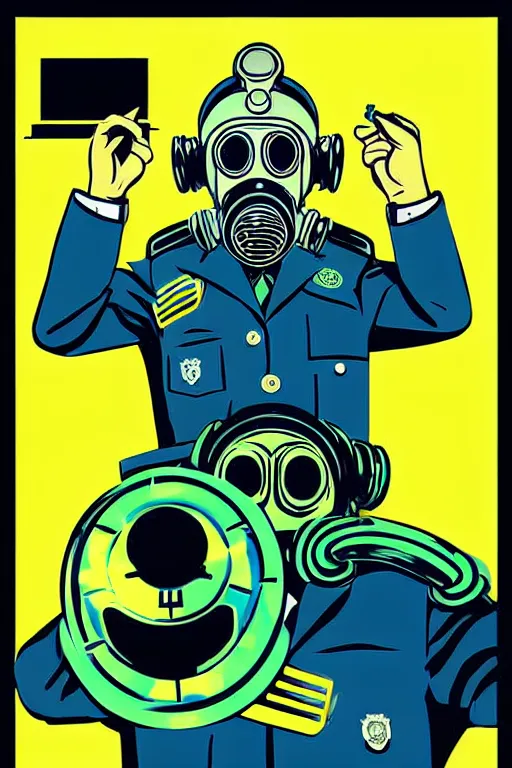 Image similar to cops member departement using gas mask, with blue and green blouse, high member use army hats. pop art, bioshock art style, accurate, detailed, gta chinatown art style, dynamic, face features, body features, ultra realistic, digital art, concept art, smooth, sharp focus, art by richard hamilton and mimmo rottela