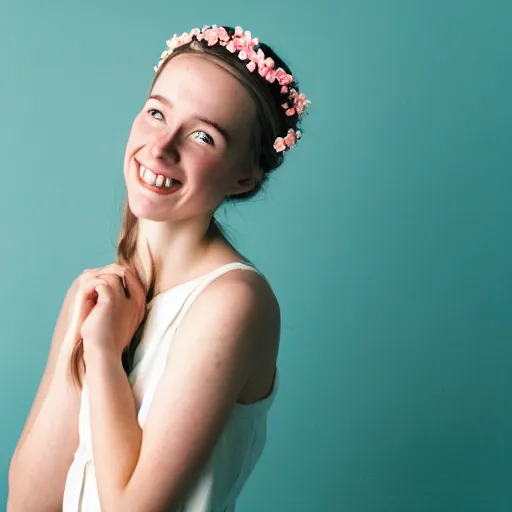 Prompt: a photograph of beautiful nordic woman, wistful smile, wearing a white folkdrakt dress, she has a summer flower headband. against a teal studio backdrop. strong kodak portra 4 0 0 film look. film grain. cinematic. in - focus