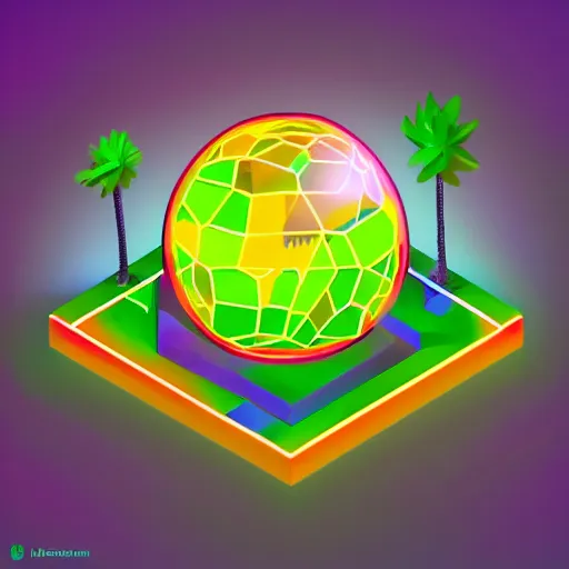 Image similar to isometric half sphere island on neon background, isometric invironment, 3d art, isometric art, high detail, artstation, concept art, behance, ray tracing, smooth, sharp focus, ethereal lighting