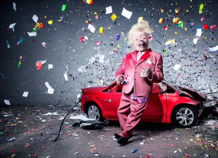 Image similar to photo still of rip taylor at a car accident scene!!!!!!!! at age 5 4 years old 5 4 years of age!!!!!!! throwing confetti from a bucket, 8 k, 8 5 mm f 1. 8, studio lighting, rim light, right side key light