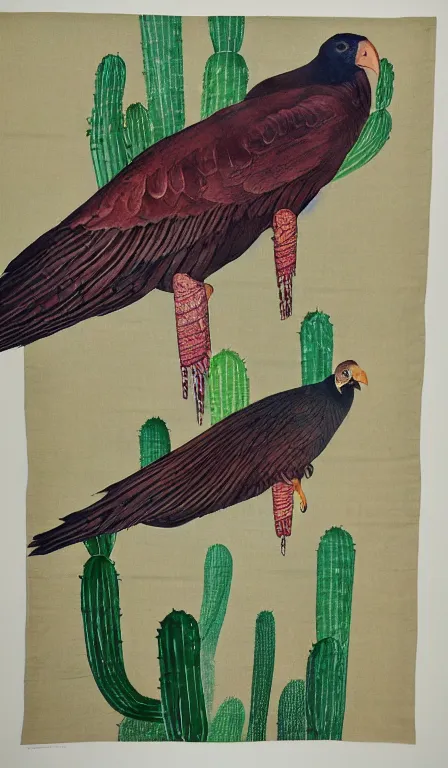 Prompt: Shen Quan's turkey vulture on cactus , hanging scroll, ink and colours on silk