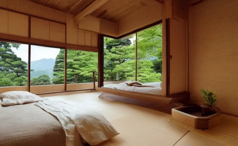 Image similar to bedroom in japanese style, rustic wood, bright, one large window in the back with a view of a forest, green walls, zen, feng shui, minimalistic, retro design, swedish design