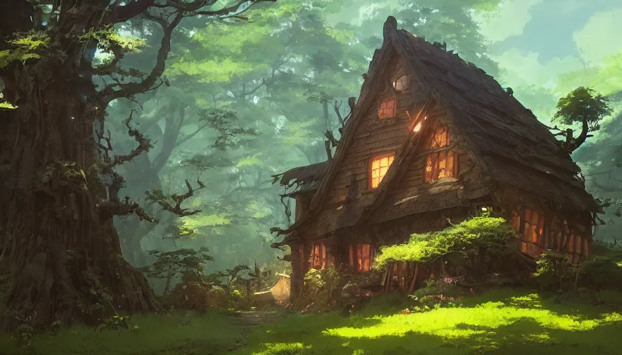 Image similar to a witches house nestled between the lush forest, trending on pixiv fanbox, painted by greg rutkowski makoto shinkai takashi takeuchi studio ghibli