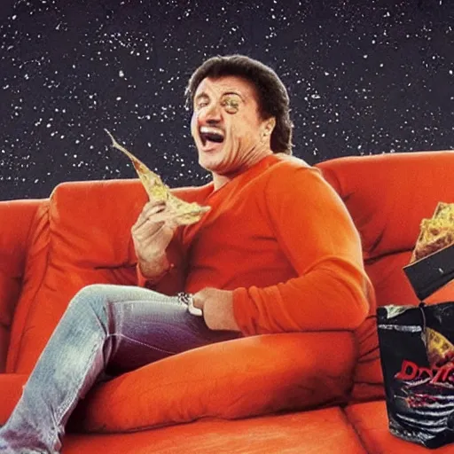 Prompt: sylvester stallone eating doritos sitting on a couch on mars