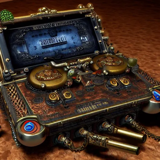 Prompt: steampunk super nintendo console with wired hand controls, steam, lights, Insanely detailed and intricate, clean photorealistic realistic, hyper-realistic, super detailed, realistic octane render, 8K, hd wallpaper