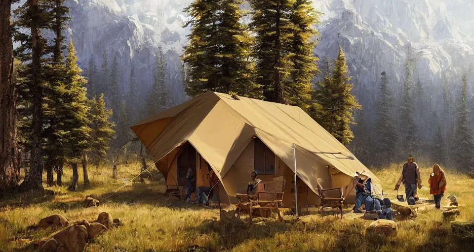 Image similar to cabela's beautiful comfortable community of modular insulated wall container home kit - house all weather family dwelling tent house, person in foreground, mountainous forested wilderness open fields, beautiful views, painterly concept art, environmental concept art, concept art illustration, by james gurney, by craig mullins, by greg rutkowski trending on artstation