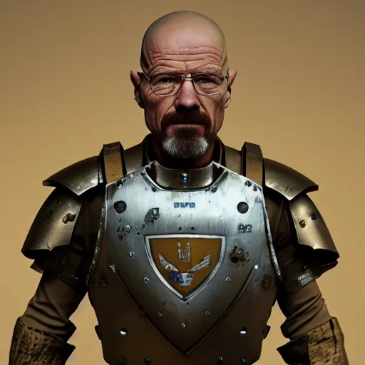 Prompt: Walter White wearing heavy military armor with a shield, highly detailed, 8k octane render