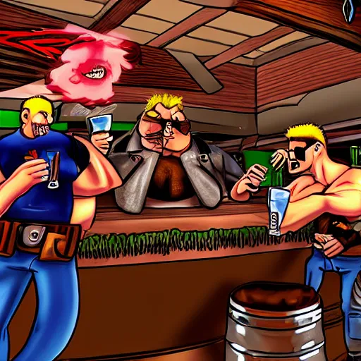 Prompt: duke nukem and serious sam video game characters drinking beer in a bar