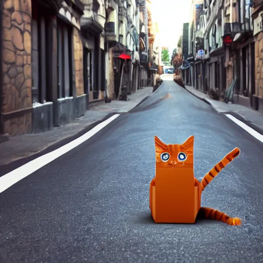 Prompt: robot cat in a street the cat's eye is red and the weather is sunny photo realistic 4 k