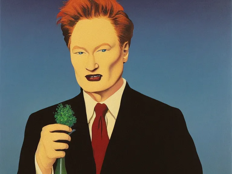 Prompt: Late Night with Conan O'Brien painting by rene magritte, high detail, high resolution