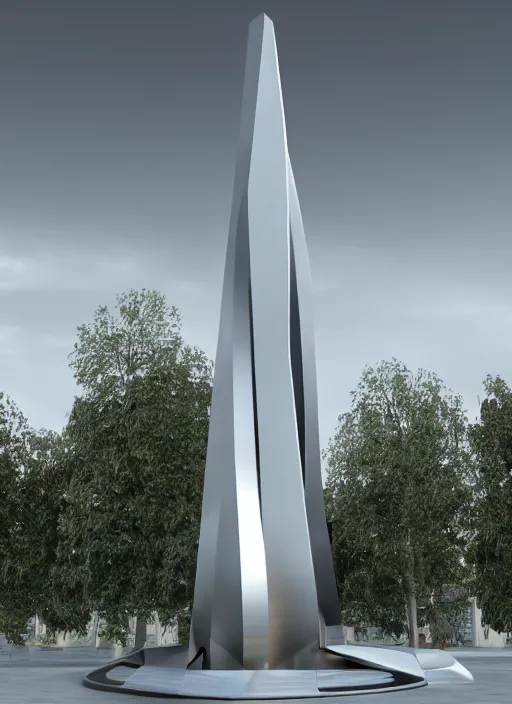 Image similar to highly detailed realistic architecture 3 d render of a huge high futuristic metallic stele sculpture in zaha hadid style standing in city park, archdaily, made in unreal engine 4 octane render