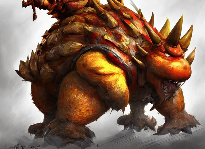 Image similar to detailed concept art of a huge giant bowser by cheng yi and luolin, aartstation, artstationhd, detailed scales, spiky and red hair tuft. bowser, bowser nintendo, koopa, ~ bowser # bowser ( ( mario ) ) bcy. net, realistic. cheng yi