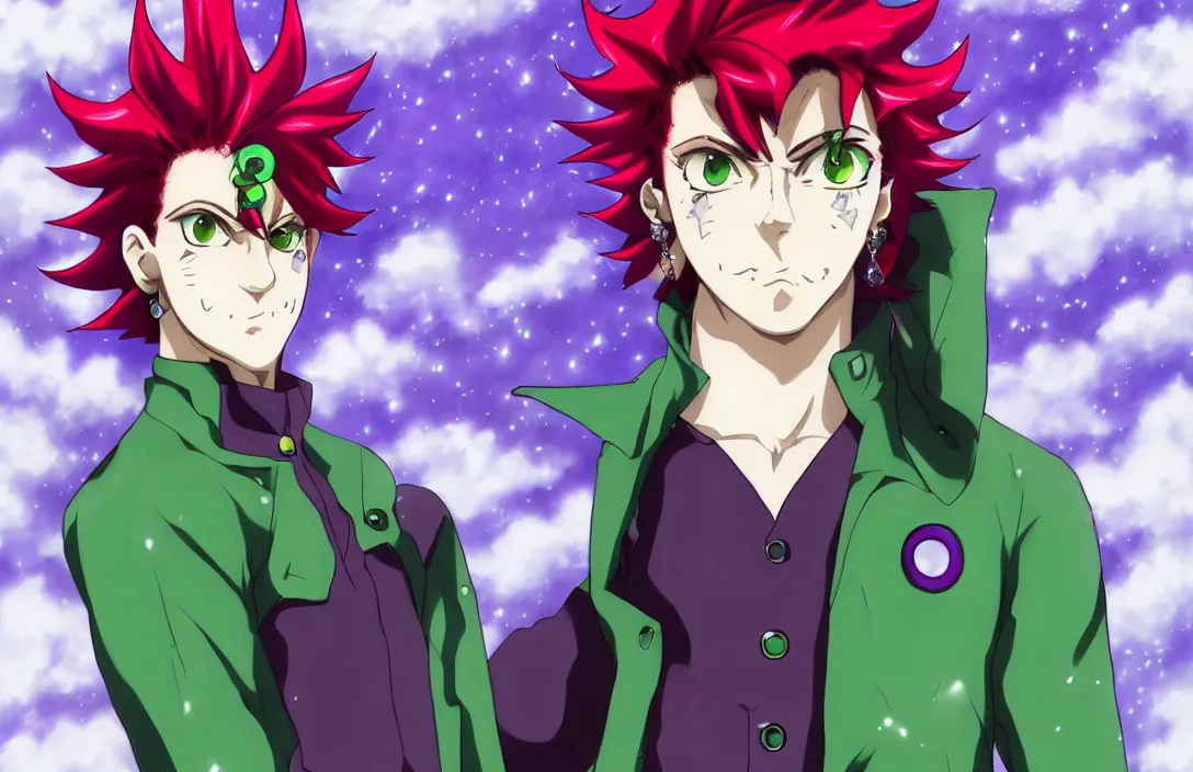 Image similar to kakyoin noriaki!!!, asymmetrical bangs, cherry earrings, full body, long hair, male focus, purple eyes, school uniform, solo, starry background, ( david production ), detailed anime drawing, trending on pixiv, danbooru