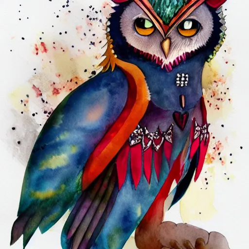 Image similar to a full body Portrait of a Royal Cat Owl, feathers of ruby and gold, Lorenz Stöer, #watercolor anime trending on artstation