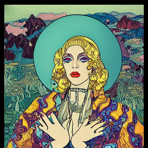 Prompt: lady gaga on a detailed ivan bilibin and edmund dulac and ilya kuvshinov and katsuhiro otomo inspired print