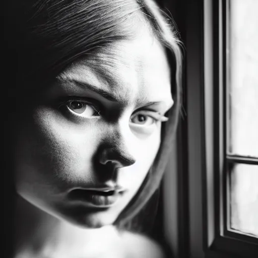 Image similar to black and white photography of highly detailed beautiful depressed Woman with detailed face in the heroine chique style standing by the window, volumetric natural light