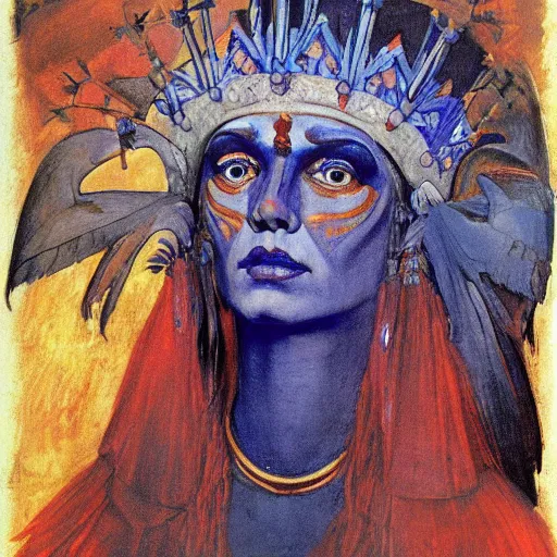 Image similar to the raven queen in her crown, by Annie Swynnerton and Nicholas Roerich and Diego Rivera, blue skin, elaborate costume, geometric ornament, rich color, dramatic cinematic lighting, smooth, sharp focus, extremely detailed