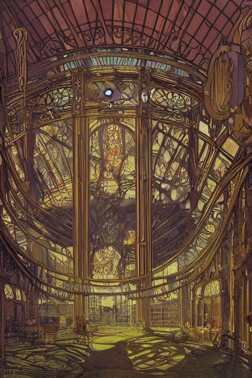 Image similar to interior of steampunk crystal palace, art nouveau, epic composition, soft lighting, ultra - wide view, by hiroshi yoshida, moebius