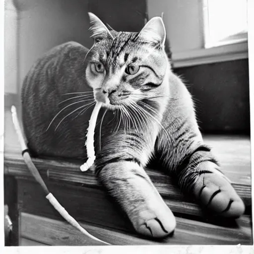 Image similar to cat with walrus tusks, photo taken in kitchen