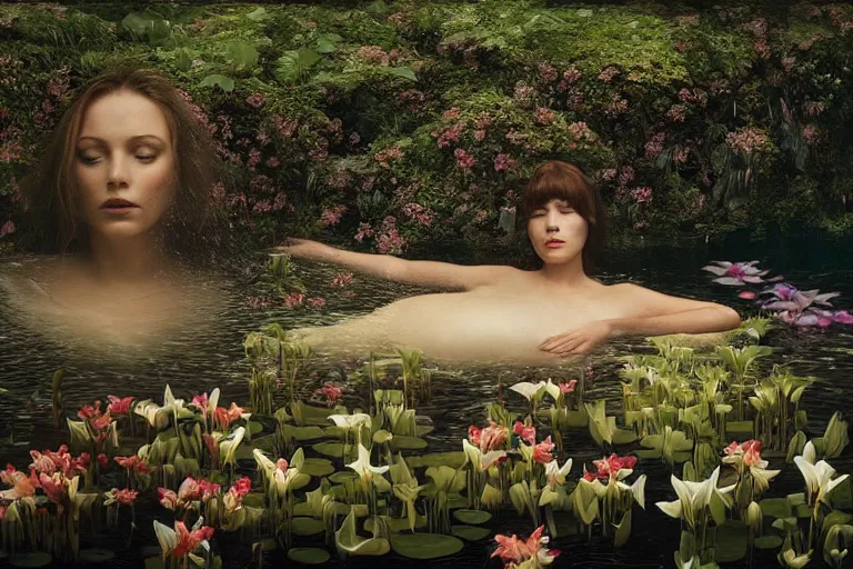 Image similar to hyperrealistic cinematic photograph of a woman's face floating in a pond, surrounded by a forrest of lillies, deep focus, intricate, elegant, highly detailed, matte, sharp focus, photography by bill henson and gregory crewdson and james jean