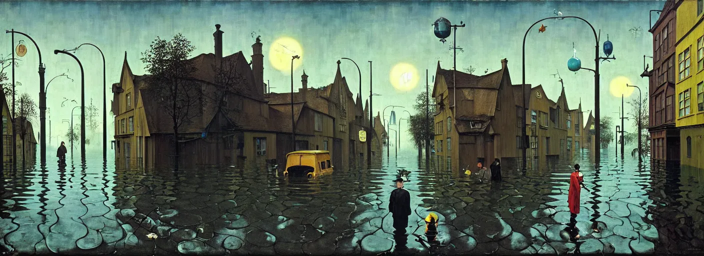 Prompt: flooded street, very coherent and colorful high contrast masterpiece by norman rockwell franz sedlacek hieronymus bosch dean ellis simon stalenhag rene magritte gediminas pranckevicius, dark shadows, sunny day, hard lighting, reference sheet white background