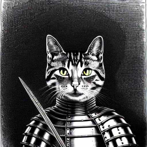 Image similar to engraving portrait of humanoid cat in medieval armoury by gustave dore. trending on deviant art, street art, chillwave, maximalist, full of color, glittering, 8 k, hd