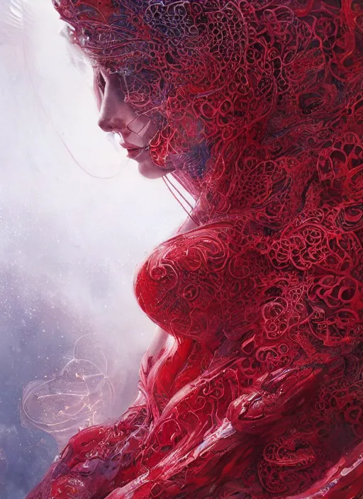 Prompt: woman in love sit upon a scarlet coloured beast, pain, royal dress, light effect, hyper detailed, intricate, atmospheric, elegant, highly detailed, digital painting, artstation, concept art, matte, sharp focus, illustration, by james jean, andrei riabovitchev, marc simonetti, yoshitaka amano