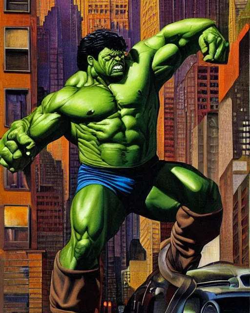 Prompt: a moody oil painting of the incredible hulk looking angry at noon in a city by joe jusko.