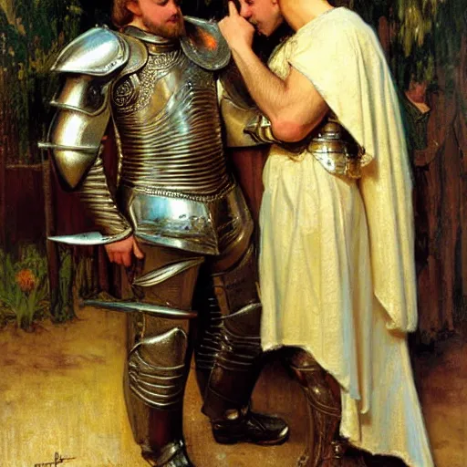 Image similar to attractive fully clothed arthur pendragon confesses his love for his attractive fully clothed male knight. highly detailed painting by gaston bussiere and j. c. leyendecker 8 k