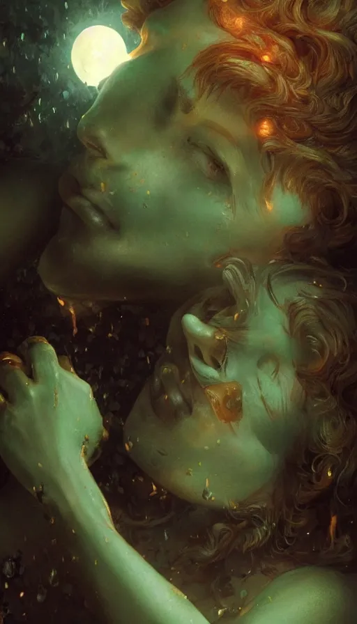 Prompt: epic masterpiece fire, sweaty skin, hyperrealistic, octane render, cinematic, night, moon, beautiful face and flawless skin, perfect hands, 5 fingers, emerald by Edgar Maxence and Ross Tran and Michael Whelan, Lorenzo Sperlonga Legends of Runeterra