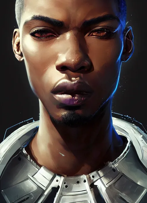 Image similar to portrait of a young black man with a mohawk and solid black irises, wearing futuristic techwear highly detailed, angular jawline, digital painting, artstation, concept art, smooth, sharp focus, illustration, art by wlop, uang guangjian and gil elvgren and sachin teng and greg rutkowski