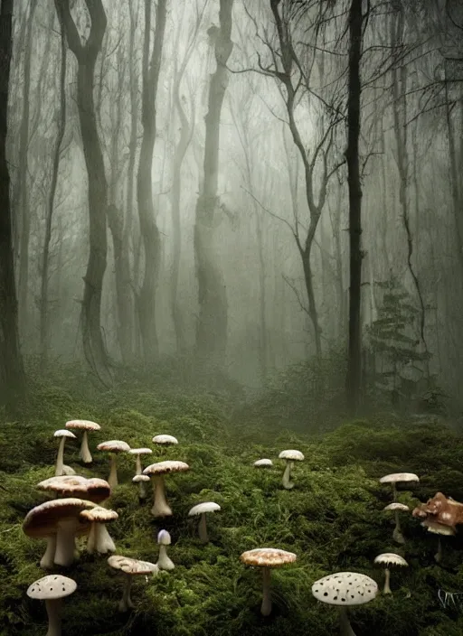 Image similar to spooky forest with poisonous mushroom and plants, mist, tim burton, disney, unreal engien