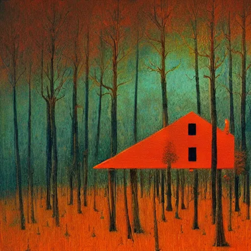 Image similar to Painting in a style of Beksinski of a colorful and detailed wooden house in the forest near the lake