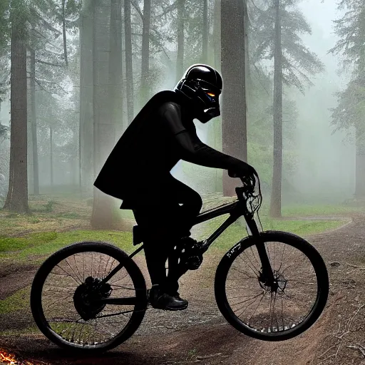 Prompt: darth vader ist riding a mountainbike fast through a burning forrest