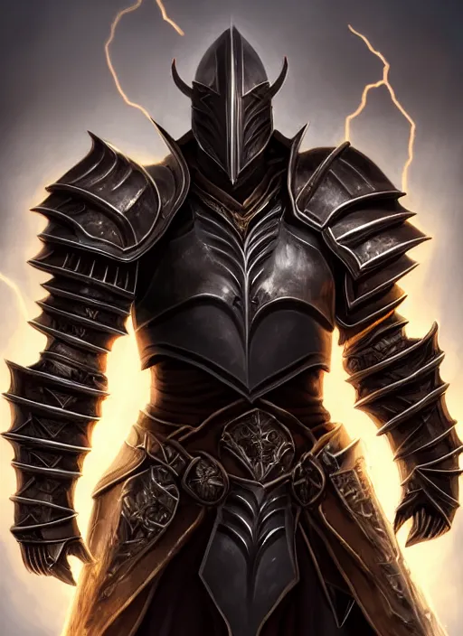 Image similar to portrait of an athletic male knight casting a huge lightning spell as a diablo 3 character, looking at camera, his armor is infused with lightning bolts, D&D, lightning master, short hair, intricate, elegant, stylish, cute smile, fantasy, extremely detailed, digital painting, artstation, concept art, smooth, sharp focus, illustration, ambient lighting, art by artgerm and greg rutkowski and alphonse mucha and simon stalenhag