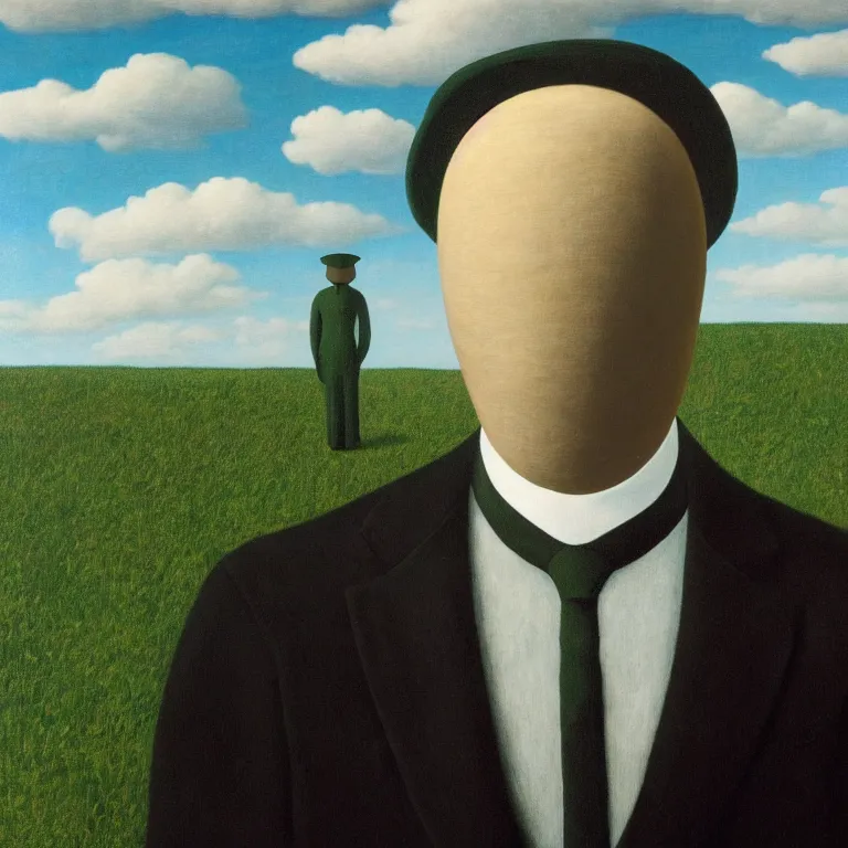 Prompt: portrait of a faceless masked - head man in a suit, clouds and nature landscape in the background, by rene magritte, detailed painting, distance, centered, hd, hq, high resolution, high detail, 4 k, 8 k