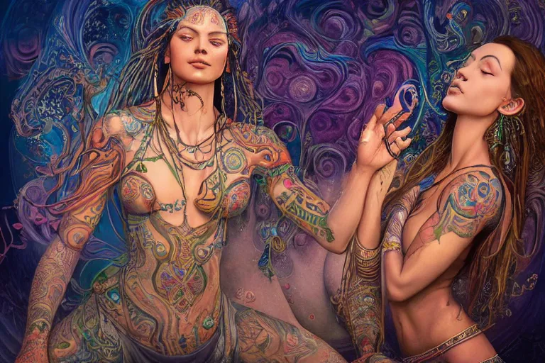 Image similar to a centered render of a alluring festival hippies with tribal tattoos surrounded by a underwater ink pour and flowing liquid galium and sacred geometry, perfect body face and hands, powerful, cinematic, beautifully lit, by artgerm, by karol bak, by donato giancola, by boris vallejo, 3 d, trending on artstation, octane render, 8 k