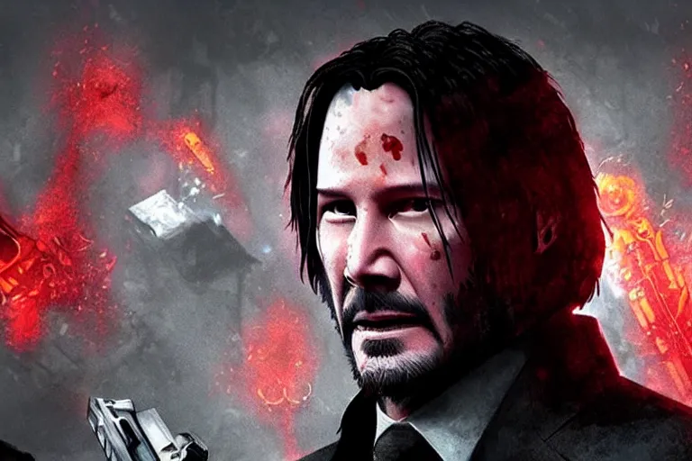 Image similar to keanu reeves as john wick, doom eternal concept art, killing demons, cinematic