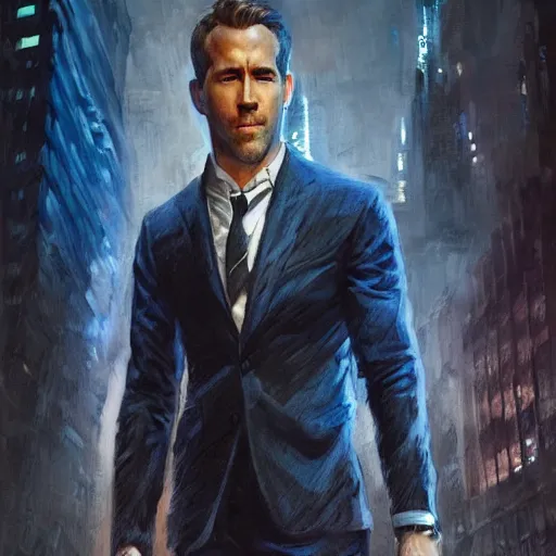 Image similar to ryan reynolds as spider - man, wearing a black and blue suit, cinematic, volumetric lighting, f 8 aperture, cinematic eastman 5 3 8 4 film, photorealistic by greg rutkowski, by stanley artgerm, by alphonse mucha