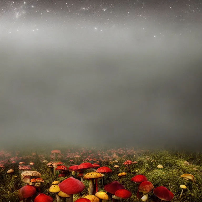 Image similar to a planet of various fungus, mushrooms, flowers and plants, inside the picture is infinity, Atmospheric, artistic photography, conceptual, long exposure outside the city, volumetric light