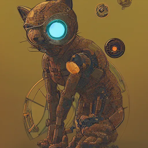 Image similar to a cat with a robot llustrated by laurie greasley, dan mumford, peter mohrbacher, hyper detailed, trending on cg society, crisp