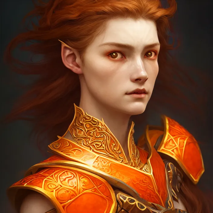 Image similar to head and shoulders portrait of a d & d ranger with her porcelain armor, chinese kangxi orange and white, volumetric lighting, fantasy, intricate, elegant, lifelike, photorealistic, artstation, concept art, sharp focus, by john collier and albert aublet and krenz cushart and artem demura and alphonse mucha