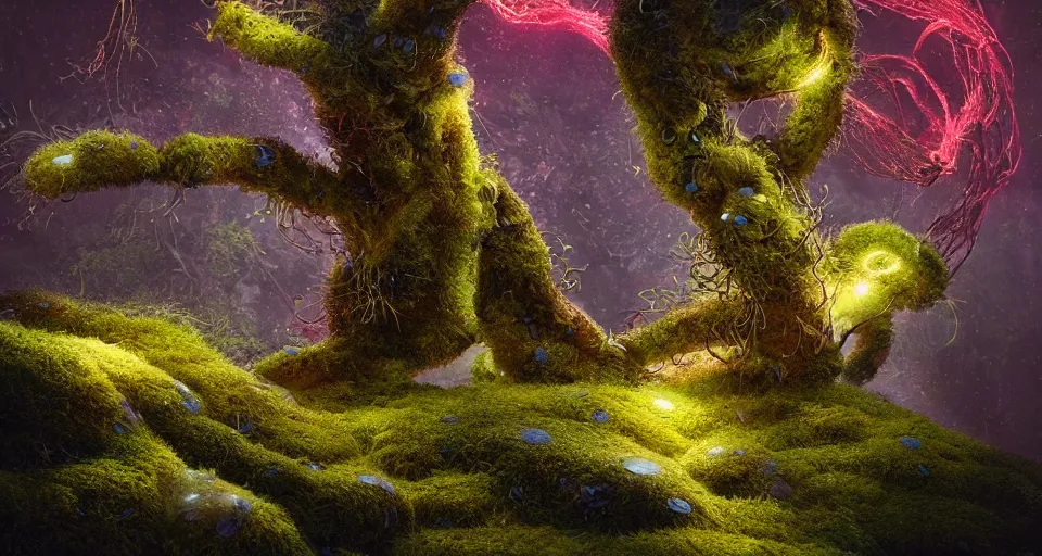 Image similar to a beautiful macro photography of moss with alien fungus, hyperdetailed, warm volumetric lights, made by gerald brom and mike winkelmann