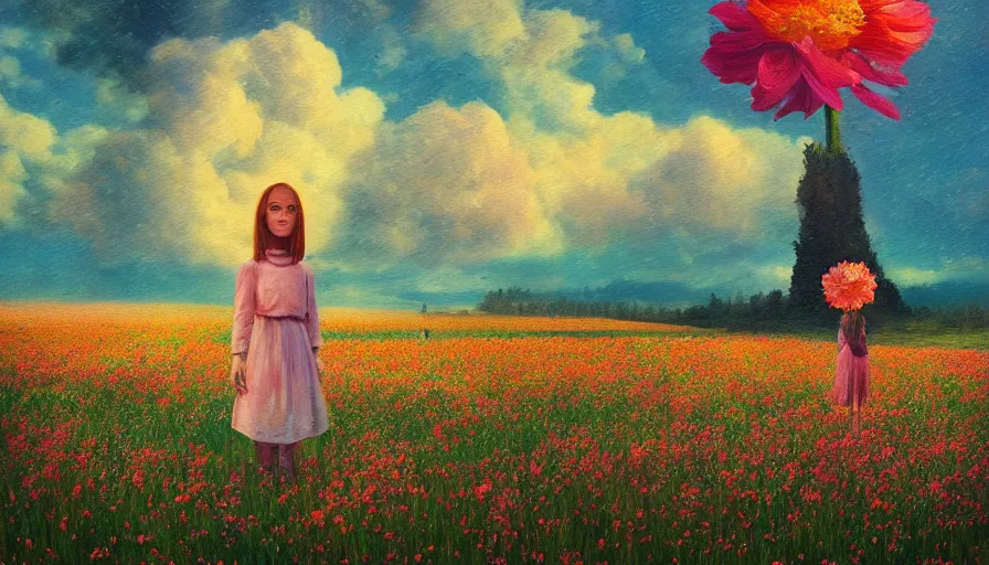 Image similar to girl with a giant flower instead of face, surreal photography, dream, standing in flower field, hills, big trees, sunrise dramatic light, impressionist painting, colorful clouds, digital painting, pointillism, artstation, simon stalenhag, flower face