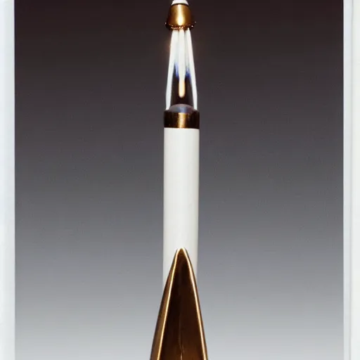 Image similar to polished bronze sculpture of a rocket launching into space, modern, minimalistic, archive museum catalog photograph, white background, high resolution sharp, high contrast, pensive