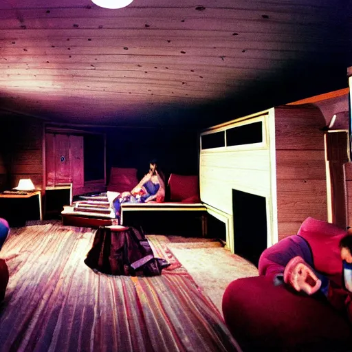 Image similar to interior view of a 1970s luxury cabin at night with television, people wearing disco clothing having a party, ektachrome photograph, f8 aperture
