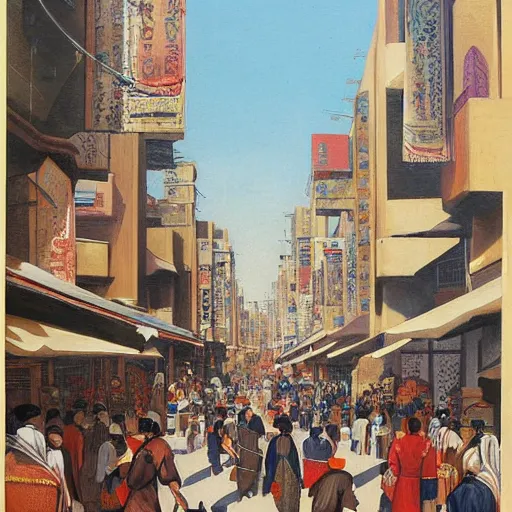 Prompt: art deco streets of the Undying Empire city of ya-Sattra during the Festival of Masks, award-winning realistic painting by Beszinski, Bruegel, and Yoshitaka Amano