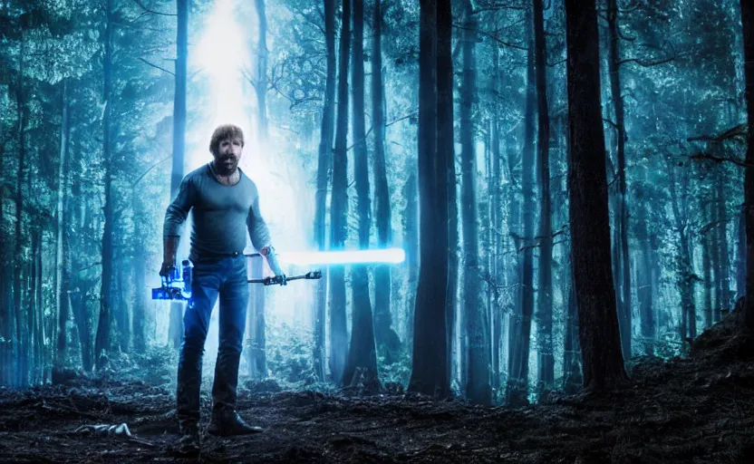 Image similar to chuck norris as a jedi with a blue lightsaber in an ancient bioluminescent forest, perfect symmetrical face, full moon, moody lighting, 8 k, shallow depth of field, intricate detail,