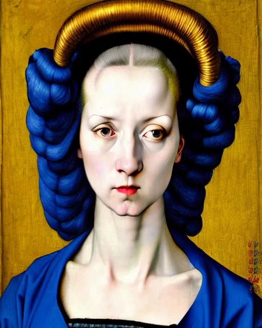 Prompt: photorealistic portrait of a woman with blue hair and big hair rollers, wearing a baggy pajamas, intricate details, highly detailed, in the style of rogier van der weyden and jacopo da pontormo, punk, masterpiece