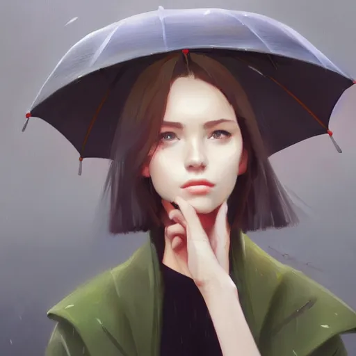 Image similar to A ultradetailed beautiful portrait panting of a stylish girl with an umbrella, rainy day, Oil painting, by Ilya Kuvshinov, Greg Rutkowski and Makoto Shinkai